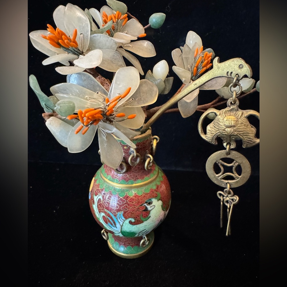 Vintage Miniature Cloisonné Vase with Hardstone (Jade?) Flowers & Brass Accents
